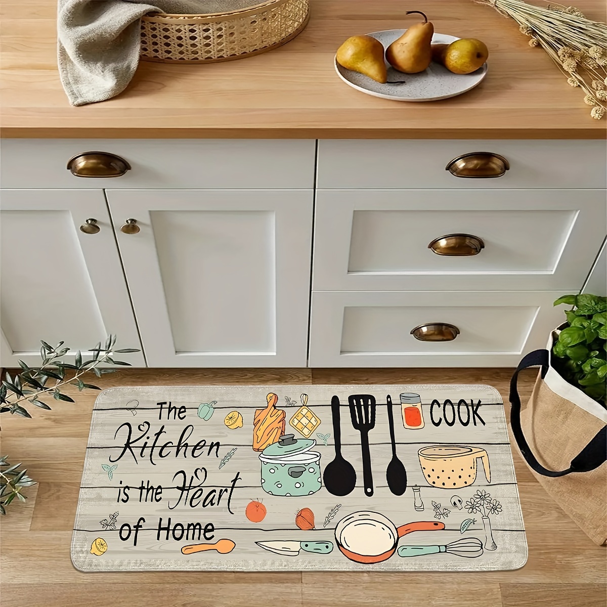 Home Cooking Quotes - Кухонный коврик с принтом кухонных принадлежностей,